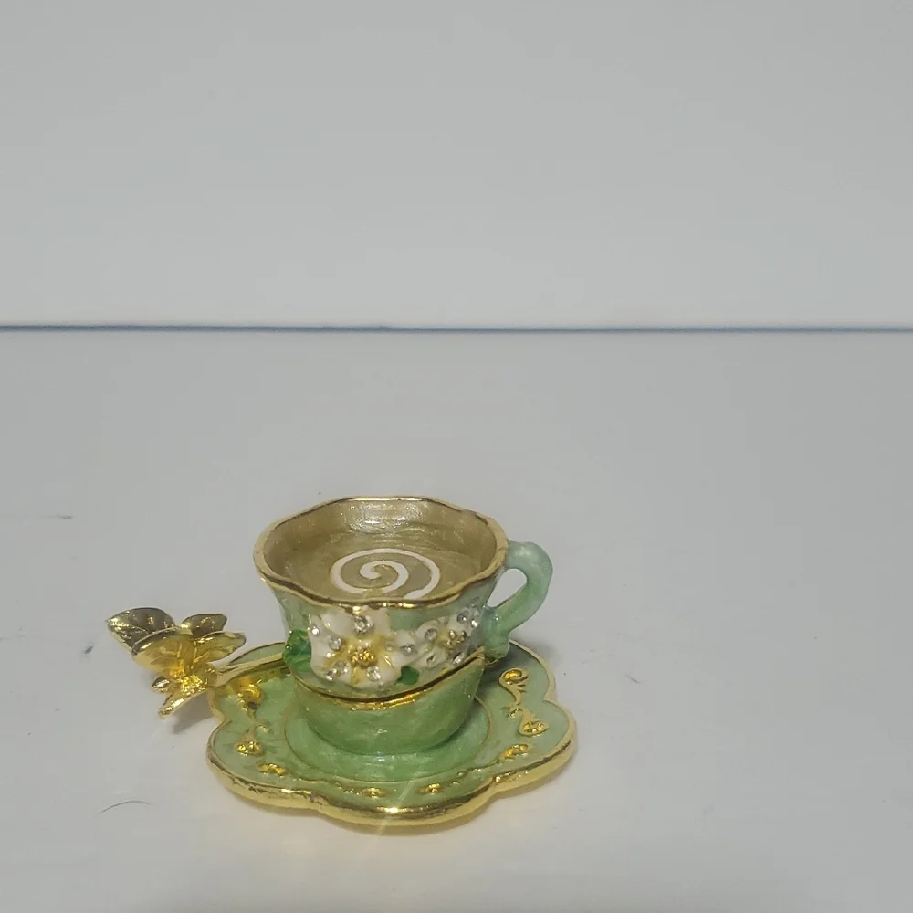 Green and Gold Teacup Trinket Box With Butterfly Spoon Accent - Picture 1 of 8